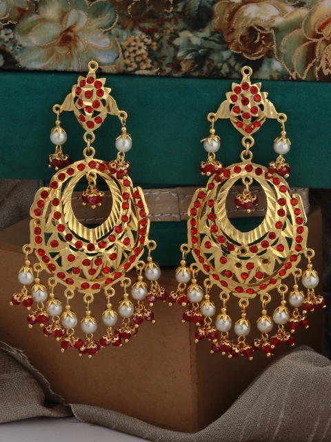 

ANIKAS CREATION Gold-Plated Maroon & White Oval Drop Earrings