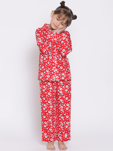 

Nauti Nati Girls Red & White Conversational Printed Night Suit