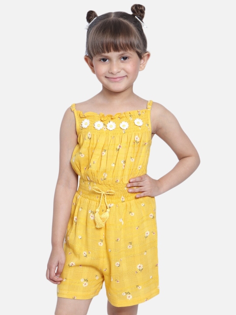 

Nauti Nati Girls Yellow Printed Embellished Pure Cotton Playsuit