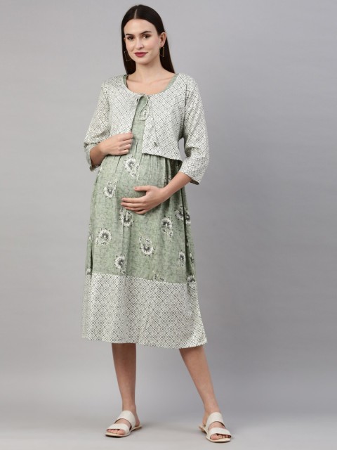 

GOLDSTROMS Green Ethnic Motifs Maternity A-Line Midi Dress