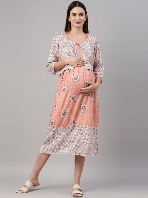 

GOLDSTROMS Peach-Coloured Ethnic Motifs Tie-Up Neck Maternity A-Line Midi Dress