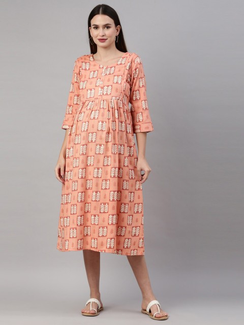 

GOLDSTROMS Peach-Coloured & White Ethnic Motifs Maternity Midi Dress