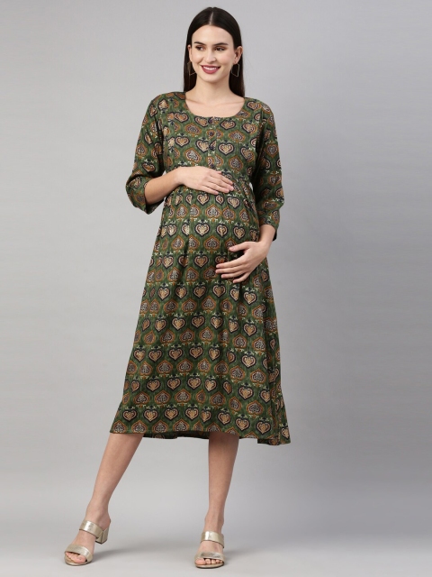 

GOLDSTROMS Green & Black Ethnic Motifs Printed Maternity Midi Dress