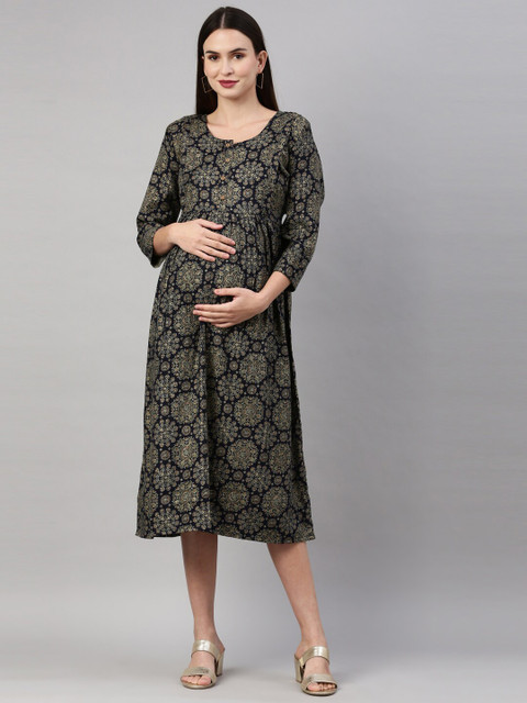 

GOLDSTROMS Navy Blue Ethnic Motifs Maternity A-Line Midi Dress