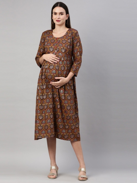 

GOLDSTROMS Brown & Red Ethnic Motifs Maternity Midi Dress