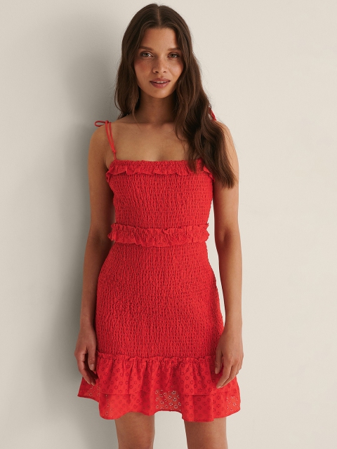 

NA-KD Red Smocked Ruffled A-Line Dress