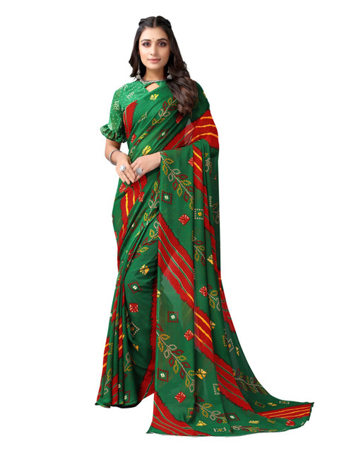 

KALINI Green & Red Printed Bandhani Saree