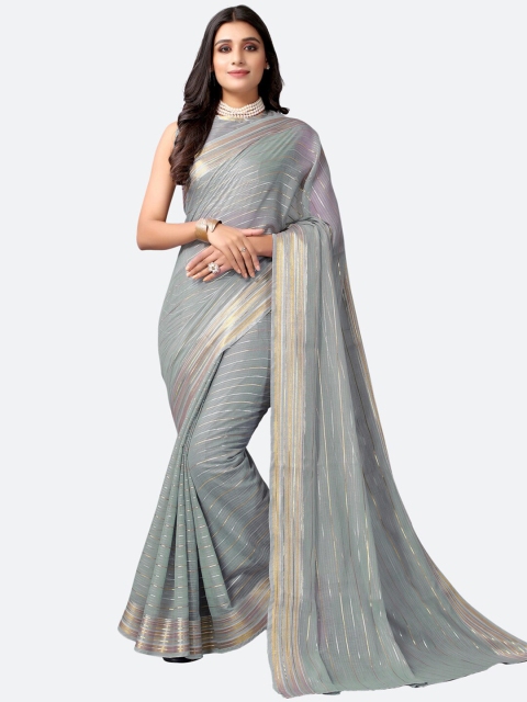 

KALINI Grey Striped Woven Design Polycotton Saree