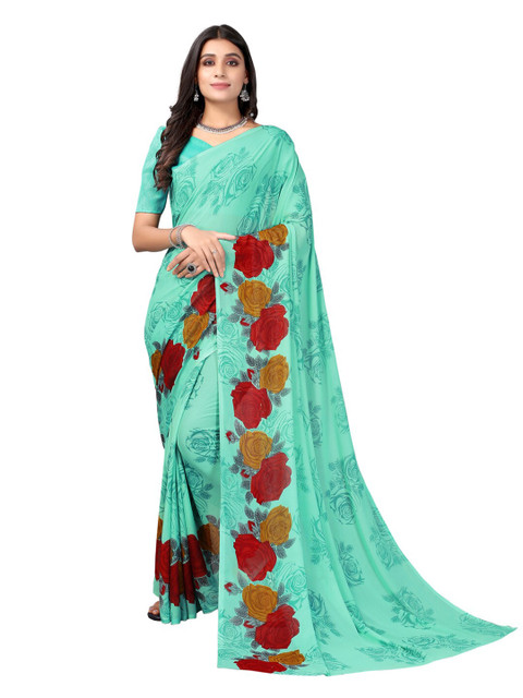 

KALINI Turquoise Blue & Mustard Floral Printed Saree