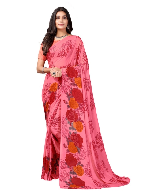 

KALINI Pink & Orange Floral Printed Poly Georgette Saree