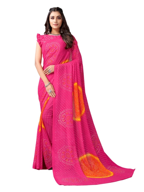 

KALINI Pink & Orange Printed Bandhani Saree