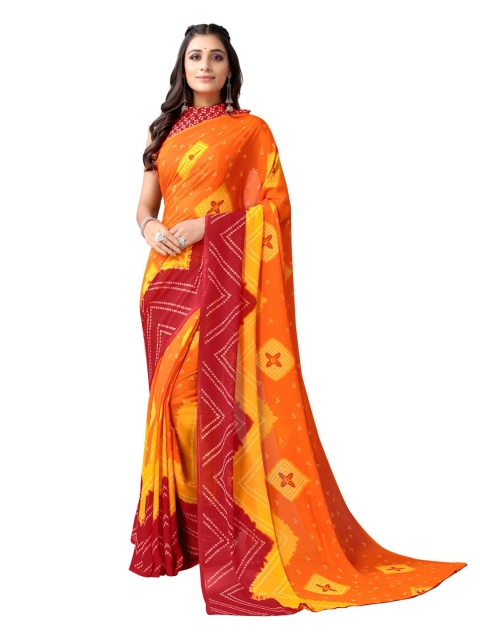 

KALINI Orange & Maroon Bandhani Printed Poly Georgette Saree