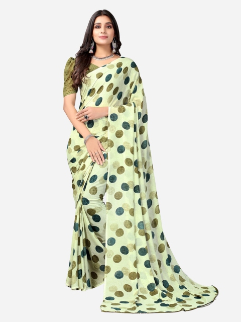 

KALINI Green Polka Dots Printed Poly Georgette Saree