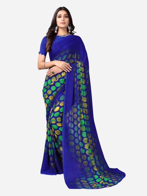 

KALINI Blue & Green Polka Dots Printed Ploy Georgette Saree
