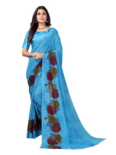 

KALINI Turquoise Blue & Maroon Floral Printed Saree