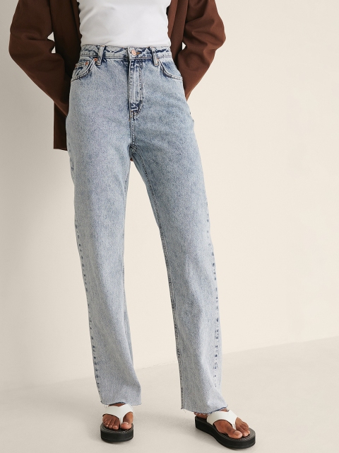 

NA-KD Women Blue Pure Cotton Straight Fit High-Rise Heavy Fade Jeans