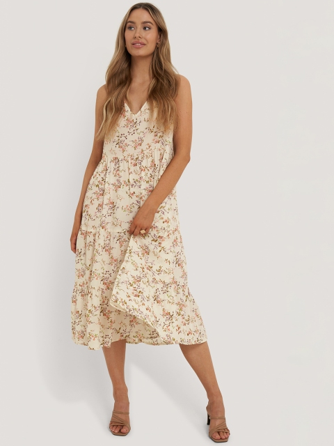 

NA-KD Women Yellow & Peach-Coloured Floral A-Line Midi Dress
