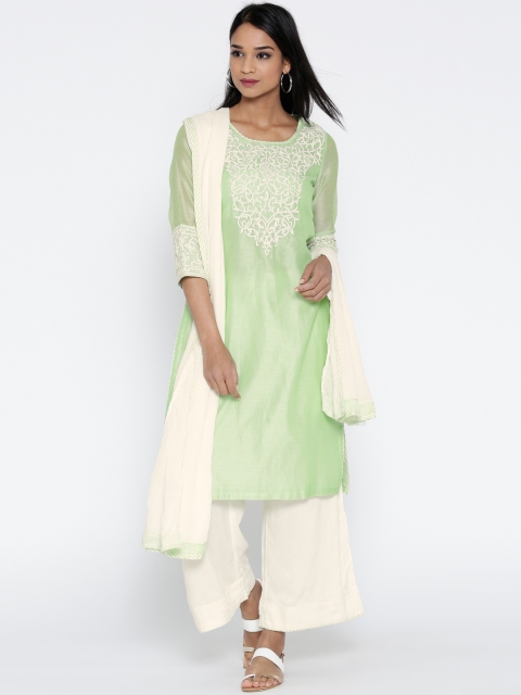 

Biba Green & Off-White Embroidered Kurta with Palazzos & Dupatta