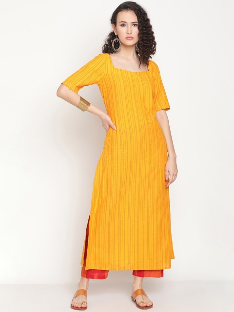 

Abhishti Women Orange Striped Flared Sleeves Gotta Patti Anarkali Kurta