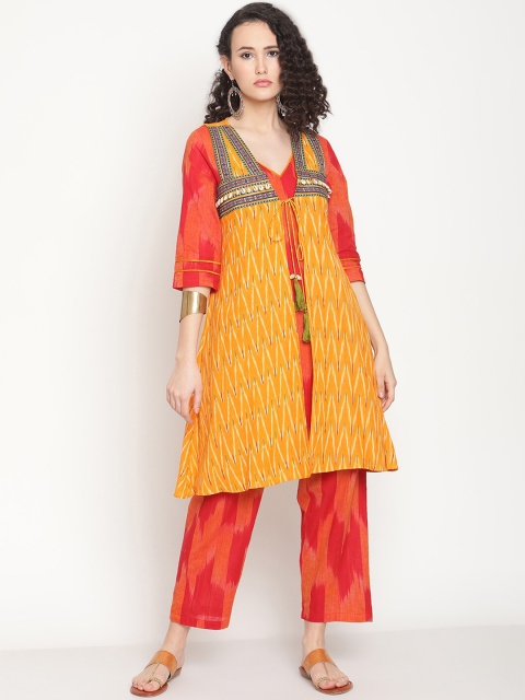 

Abhishti Women Orange Geometric Longline Tailored Jacket with Embroidered
