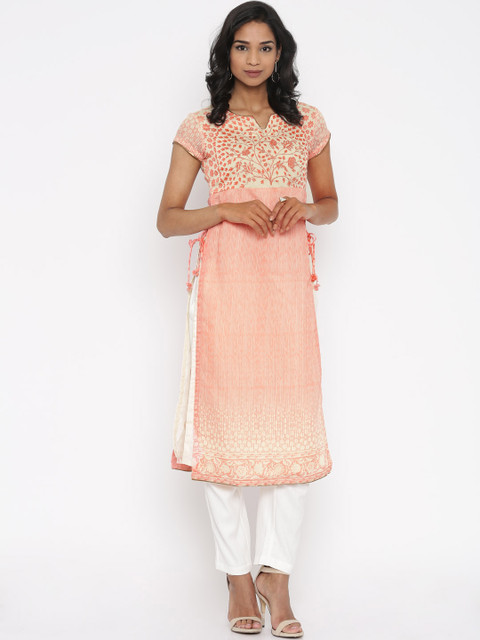 

Biba Women Pink & Cream Printed Layered A-Line Kurta