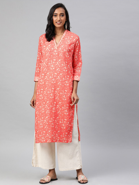 

Biba Women Coral & Cream-Coloured Printed Straight Kurta