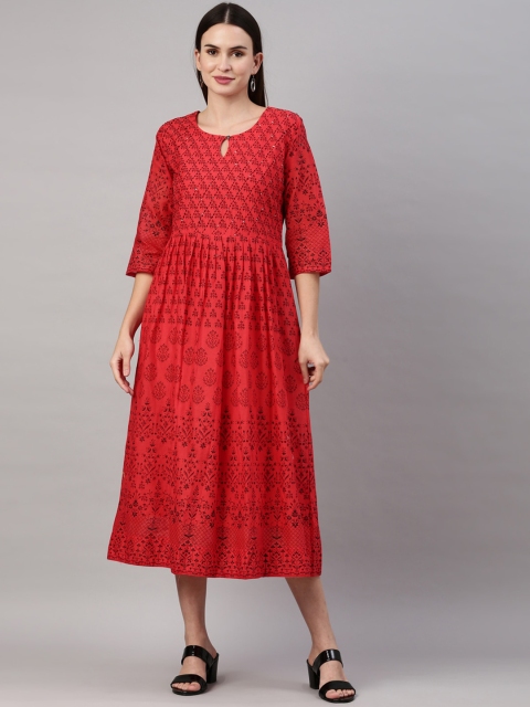 

GOLDSTROMS Women Red Ethnic Motifs Printed Keyhole Neck Anarkali Cotton Kurta