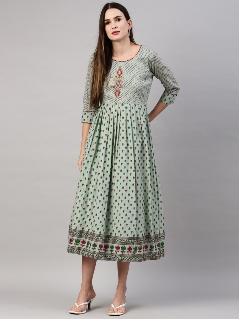 

GOLDSTROMS Women Sage Green Ethnic Motifs Embroidered Cotton Anarkali Kurta