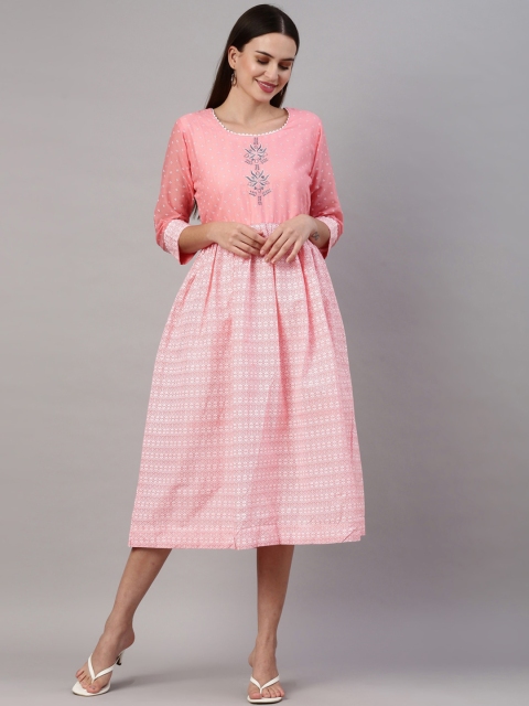 

GOLDSTROMS Women Pink Checked Thread Work Cotton A-Line Kurta