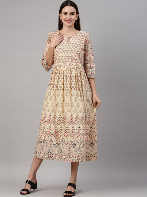 

GOLDSTROMS Women Cream-Coloured & Red Ethnic Motifs Printed Anarkali Kurta