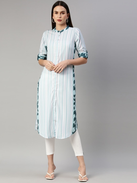 

GOLDSTROMS Women Sea Green & White Striped Digital Printed Pathani Kurta