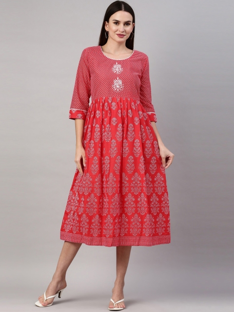 

GOLDSTROMS Women Peach-Coloured & White Printed Gotta Patti Mal Cotton Anarkali Kurta