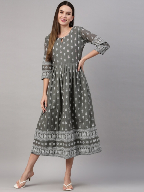 

GOLDSTROMS Women Grey Geometric Printed Mirror Work Anarkali Kurta