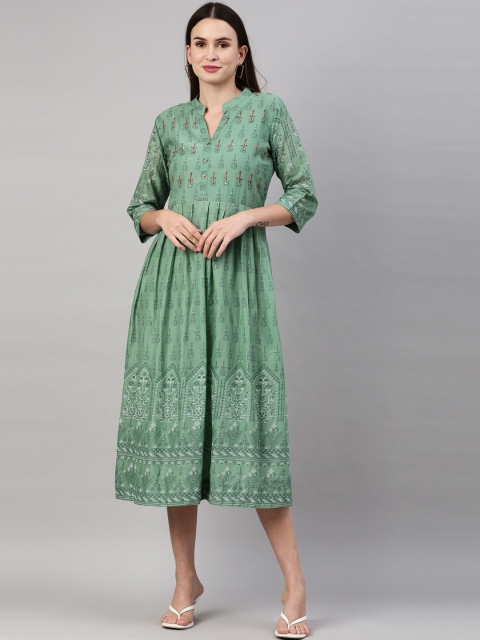 

GOLDSTROMS Women Green Printed Thread Work Anarkali Cotton Kurta