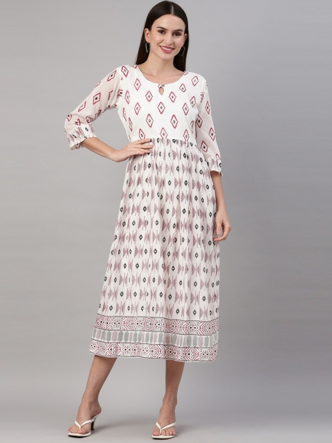 

GOLDSTROMS Women White Geometric Printed Keyhole Neck Mirror Work Anarkali Kurta