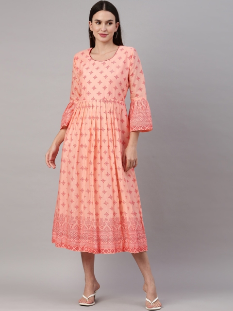 

GOLDSTROMS Women Peach-Coloured & Red Ethnic Motifs Printed Mal Cotton Anarkali Kurta
