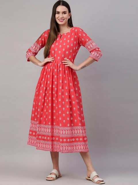 

GOLDSTROMS Coral Orange & White Ethnic Motifs Keyhole Neck Cotton Fit & Flare Midi Dress