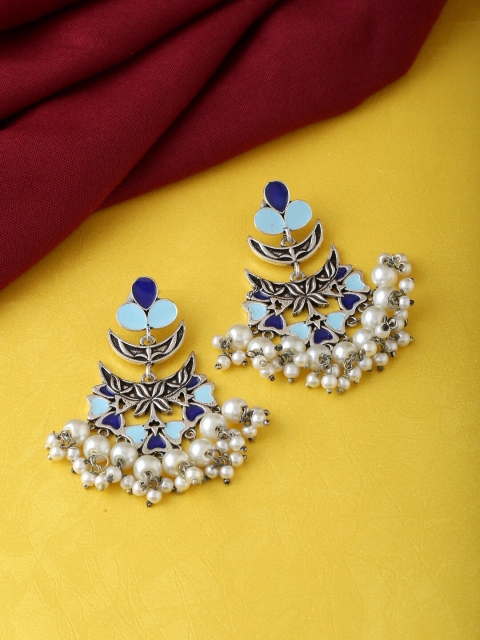 

kashwini Silver-Toned & Blue Silver-Plated Contemporary Chandbalis Earrings