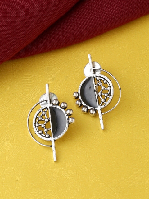 

kashwini Women Black & Silver-Toned Contemporary Studs Earrings