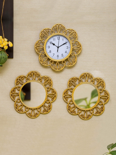 

TIED RIBBONS Gold-Toned Contemporary 1 Wall Clock With 2 Mirrors