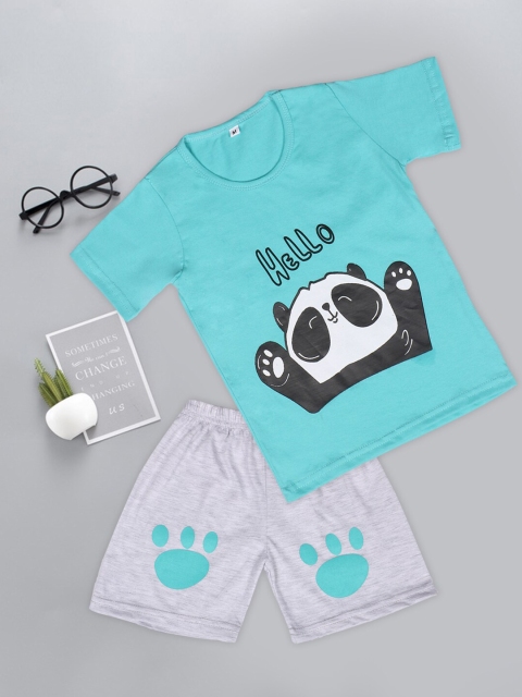 

Fashitale Kids Turquoise Blue & Grey Printed Pure Cotton T-shirt with Shorts