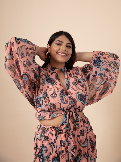 

20Dresses Pink Floral Print Keyhole Neck Bohemian Chiffon Crop Top