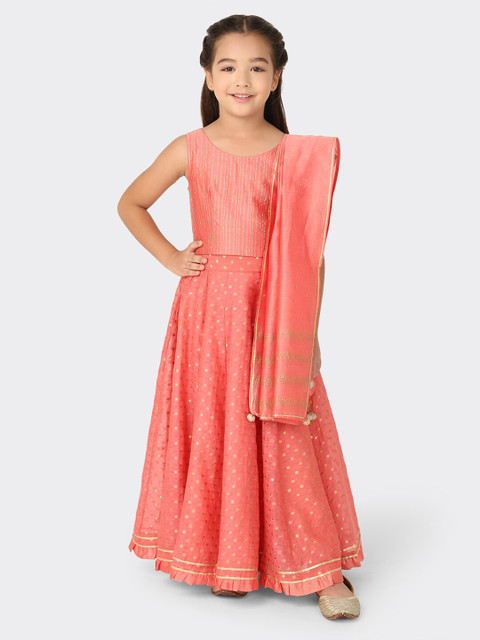 

Fabindia Girls Peach-Coloured & Gold-Toned Ready to Wear Cotton Lehenga Choli