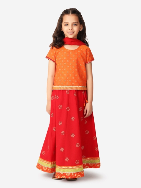 

Fabindia Girls Orange & Red Printed Ready to Wear Lehenga & Blouse With Dupatta