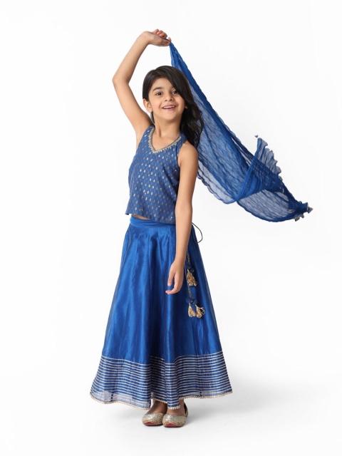 

Fabindia Girls Blue & Gold-Toned Ready to Wear Cotton Lehenga Choli with Dupatta