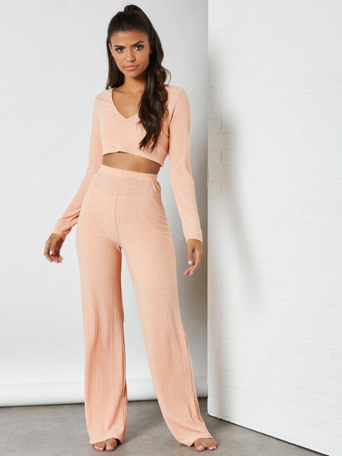 

Femme Luxe Women Pink Ribbed Night suit