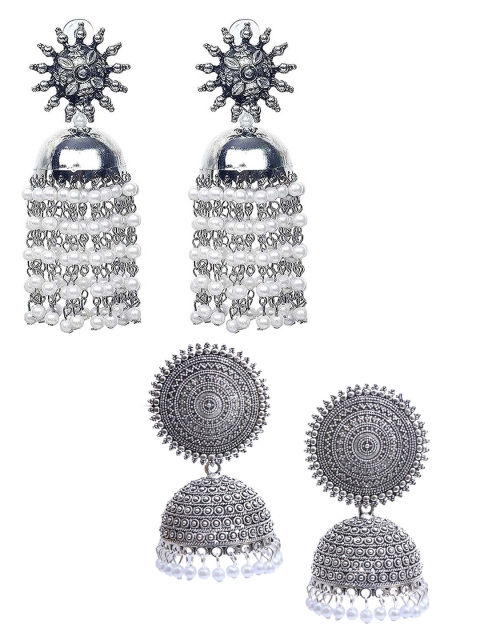 

Vembley Set Of 2 Silver-Plated Oxidised Contemporary Jhumkas Earrings