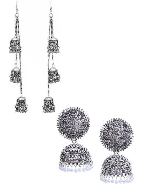 

Vembley Set Of 2 Silver-Toned Dome Shaped Jhumkas Earrings