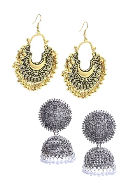 

Vembley Set Of 2 Gold-Toned & Silver-Toned Contemporary Jhumkas & Chandbali Earrings