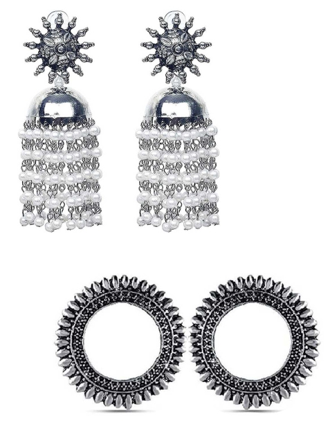 

Vembley Set Of 2 Silver-Plated Oxidised Contemporary Jhumkas Earrings